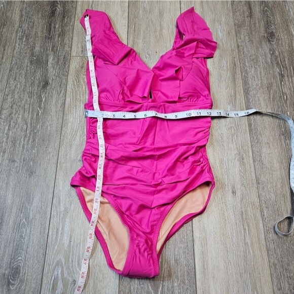 J. Crew Ruched V Neck Ruffle One Piece Swimsuit Women's 8 Fuchsia Hot Pink - Picture 4 of 8
